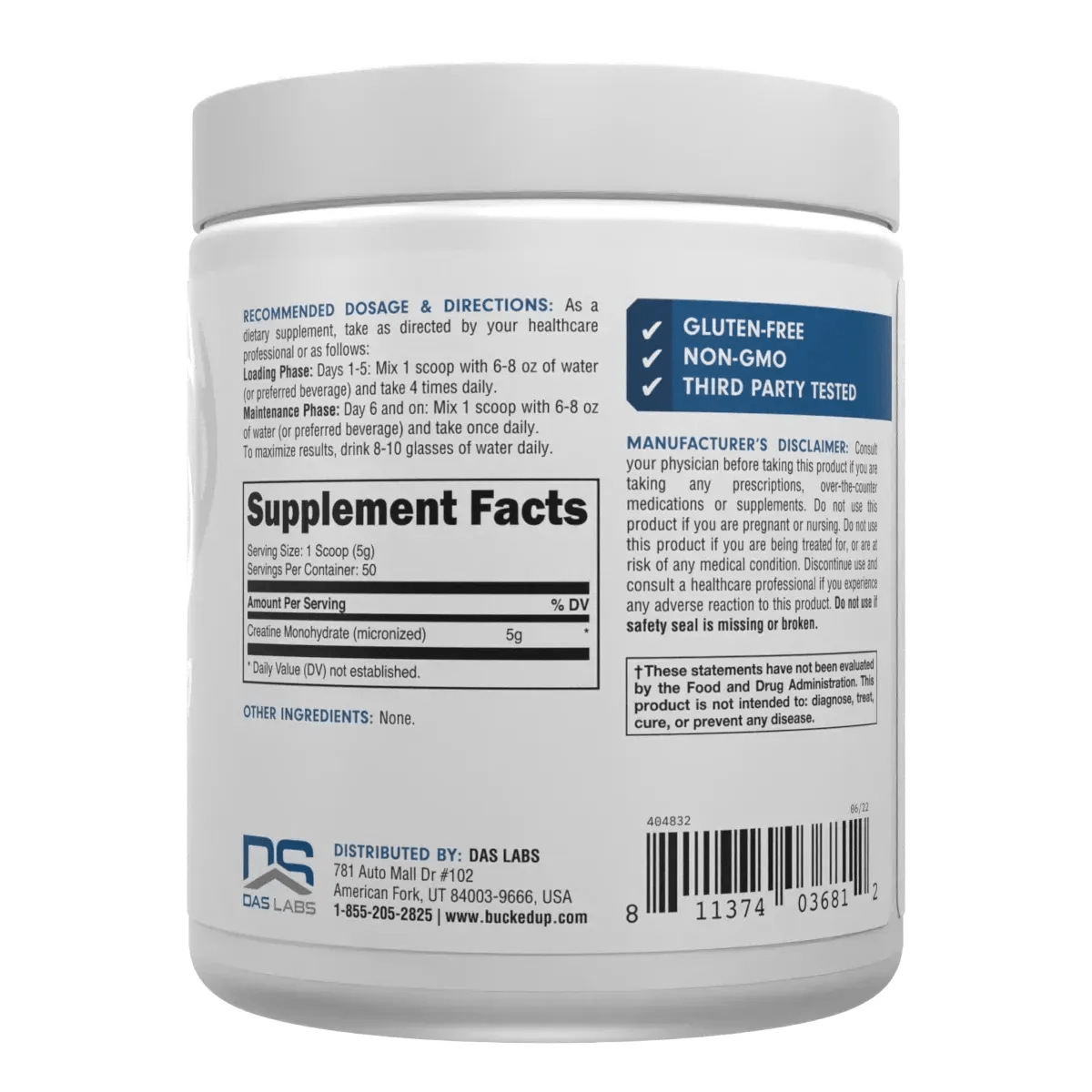 Bucked Up Creatine Monohydrate - No Flavor Unflavored 50 Servings