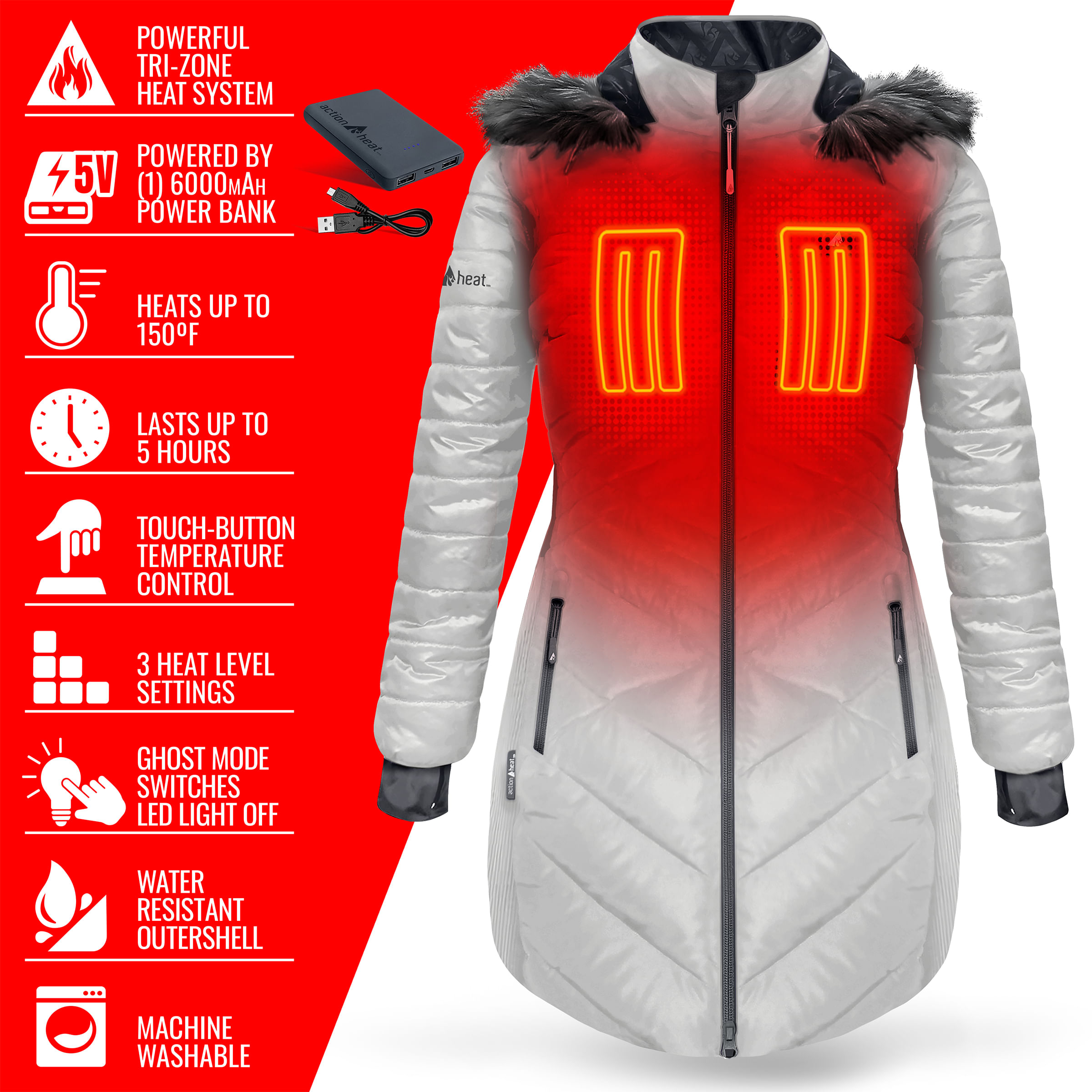 ActionHeat 5V Battery Heated Long Puffer Jacket with Fur Hood