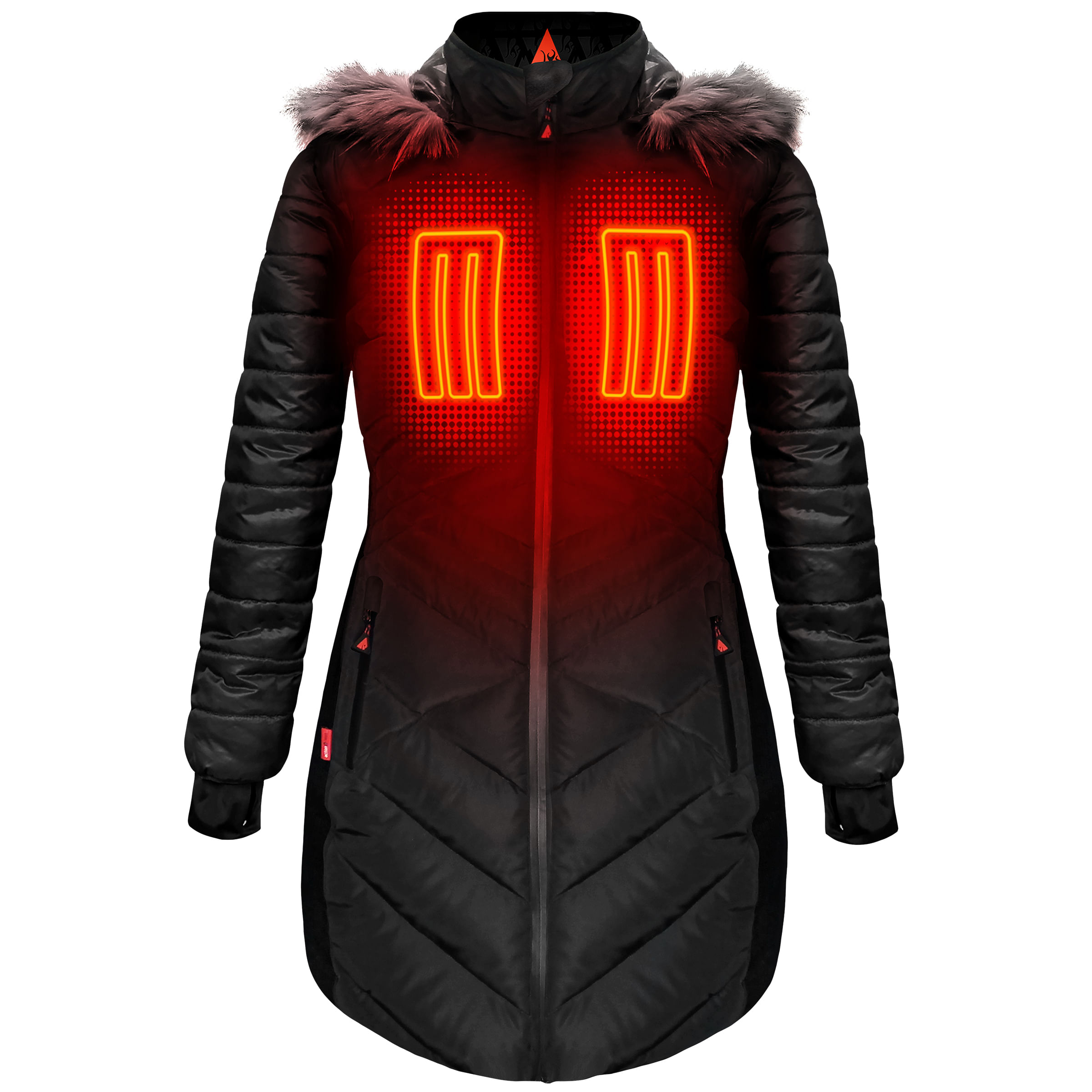 ActionHeat 5V Battery Heated Long Puffer Jacket with Fur Hood - Women's - Black XS