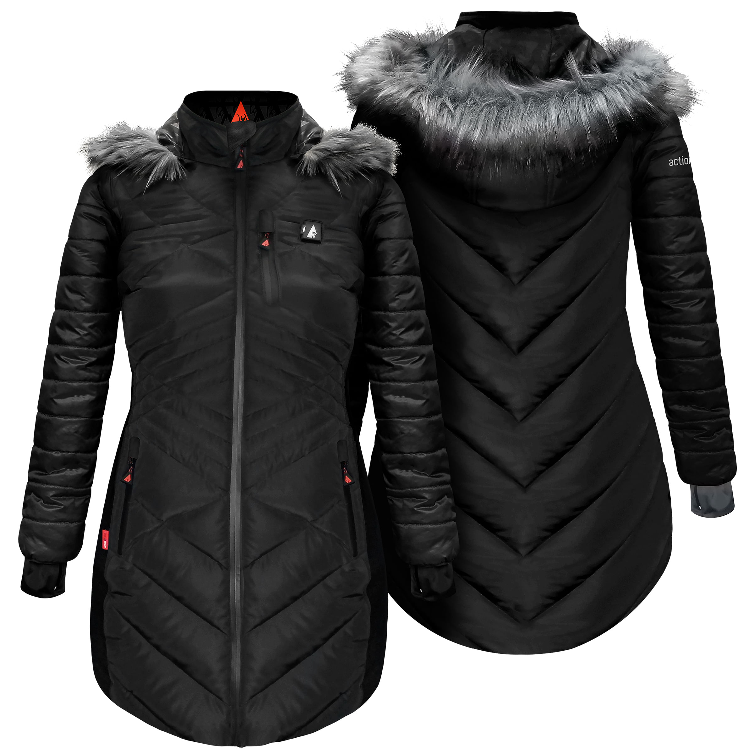 ActionHeat 5V Battery Heated Long Puffer Jacket with Fur Hood - Women's - Black XS