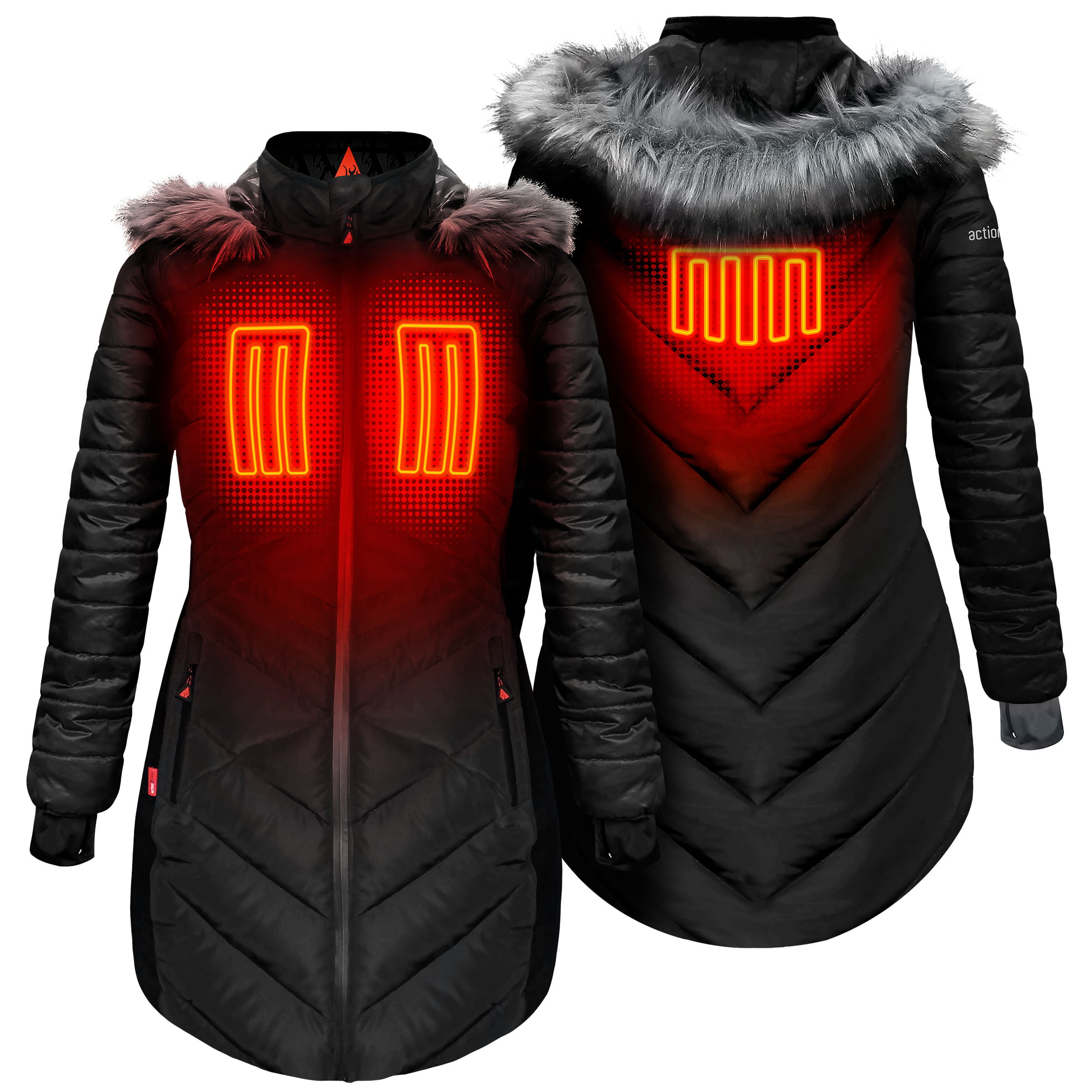 ActionHeat 5V Battery Heated Long Puffer Jacket with Fur Hood - Women's - Black XS