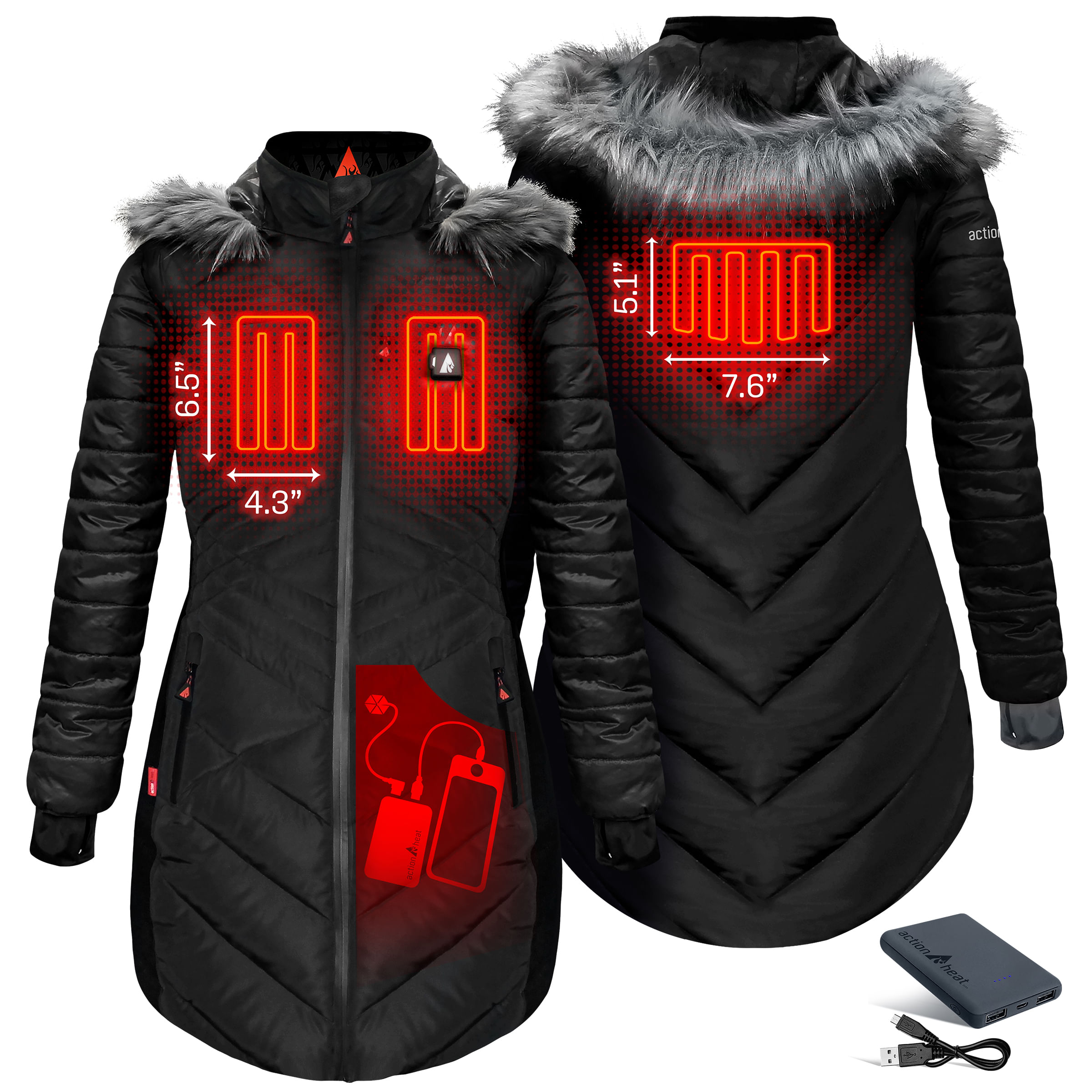 ActionHeat 5V Battery Heated Long Puffer Jacket with Fur Hood - Women's - Black XS