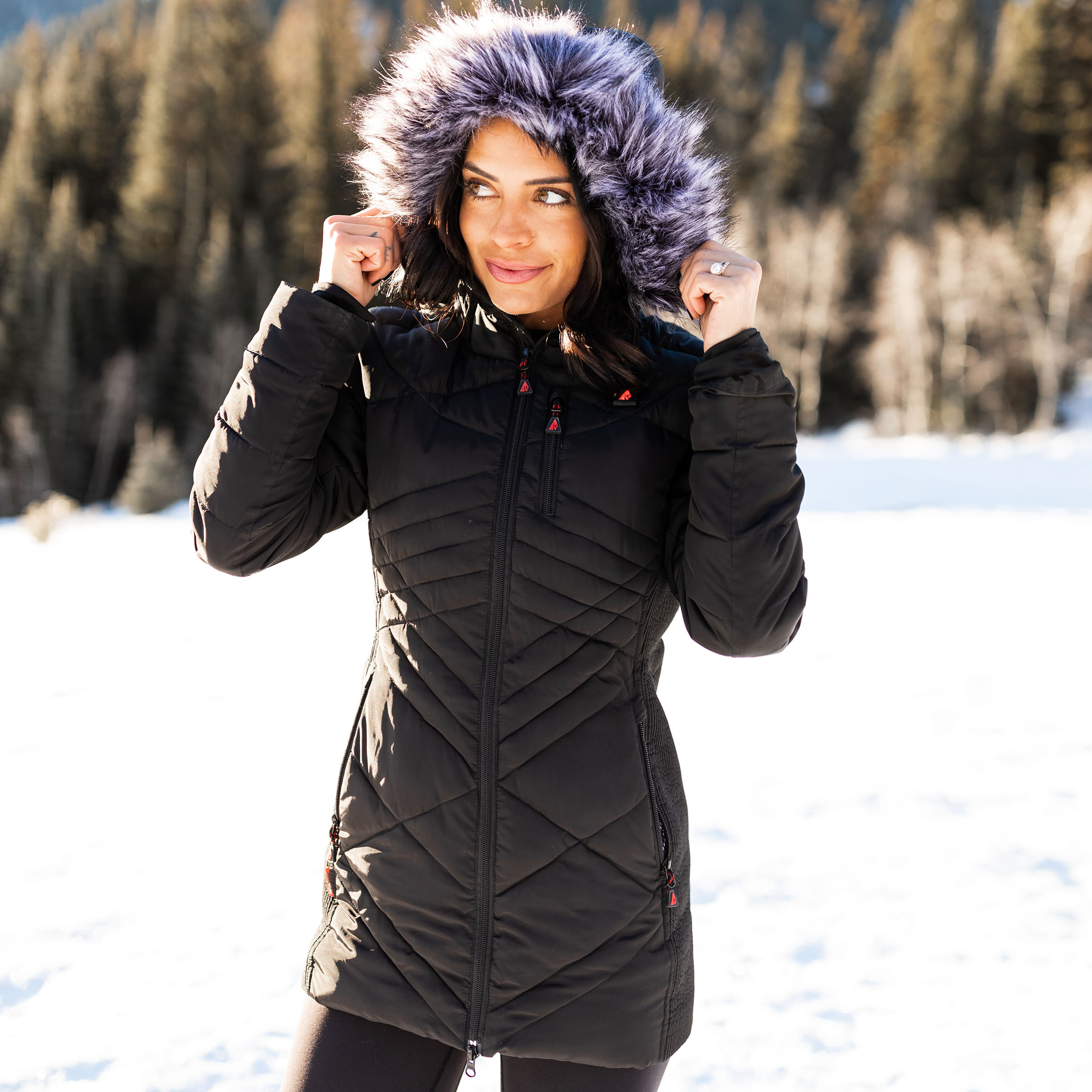 ActionHeat 5V Battery Heated Long Puffer Jacket with Fur Hood - Women's - Black XS