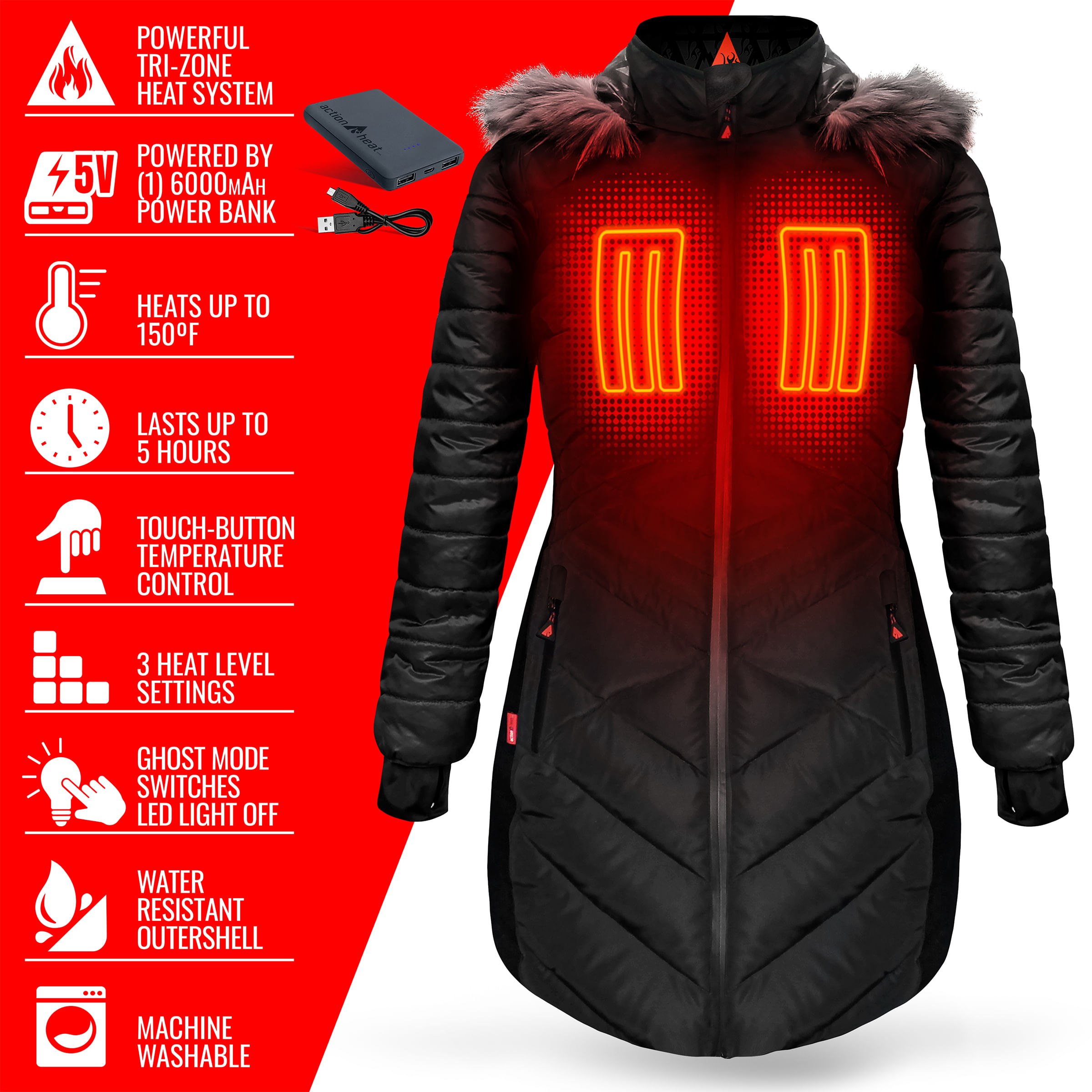 ActionHeat 5V Battery Heated Long Puffer Jacket with Fur Hood - Women's - Black XS