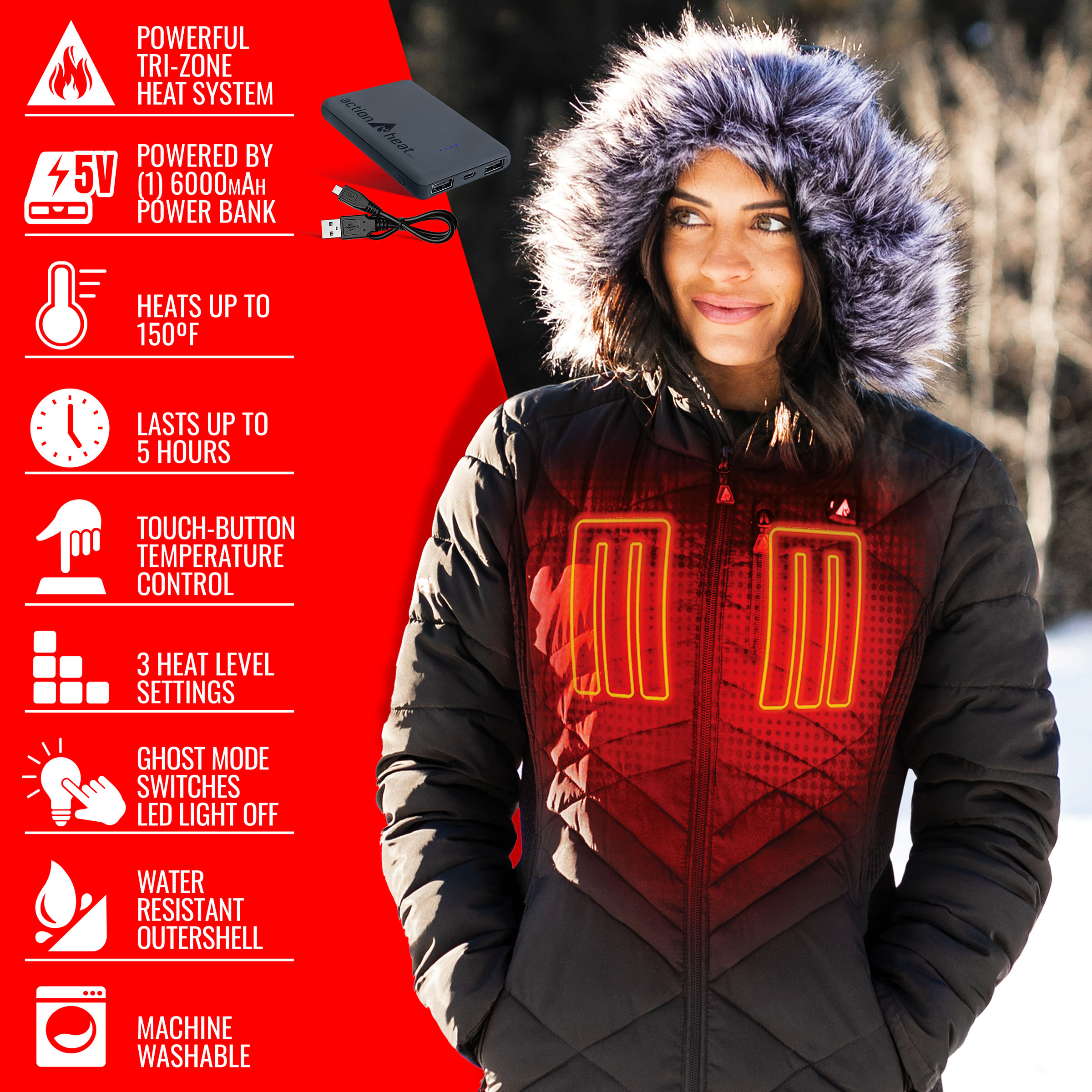 ActionHeat 5V Battery Heated Long Puffer Jacket with Fur Hood - Women's - Black XS