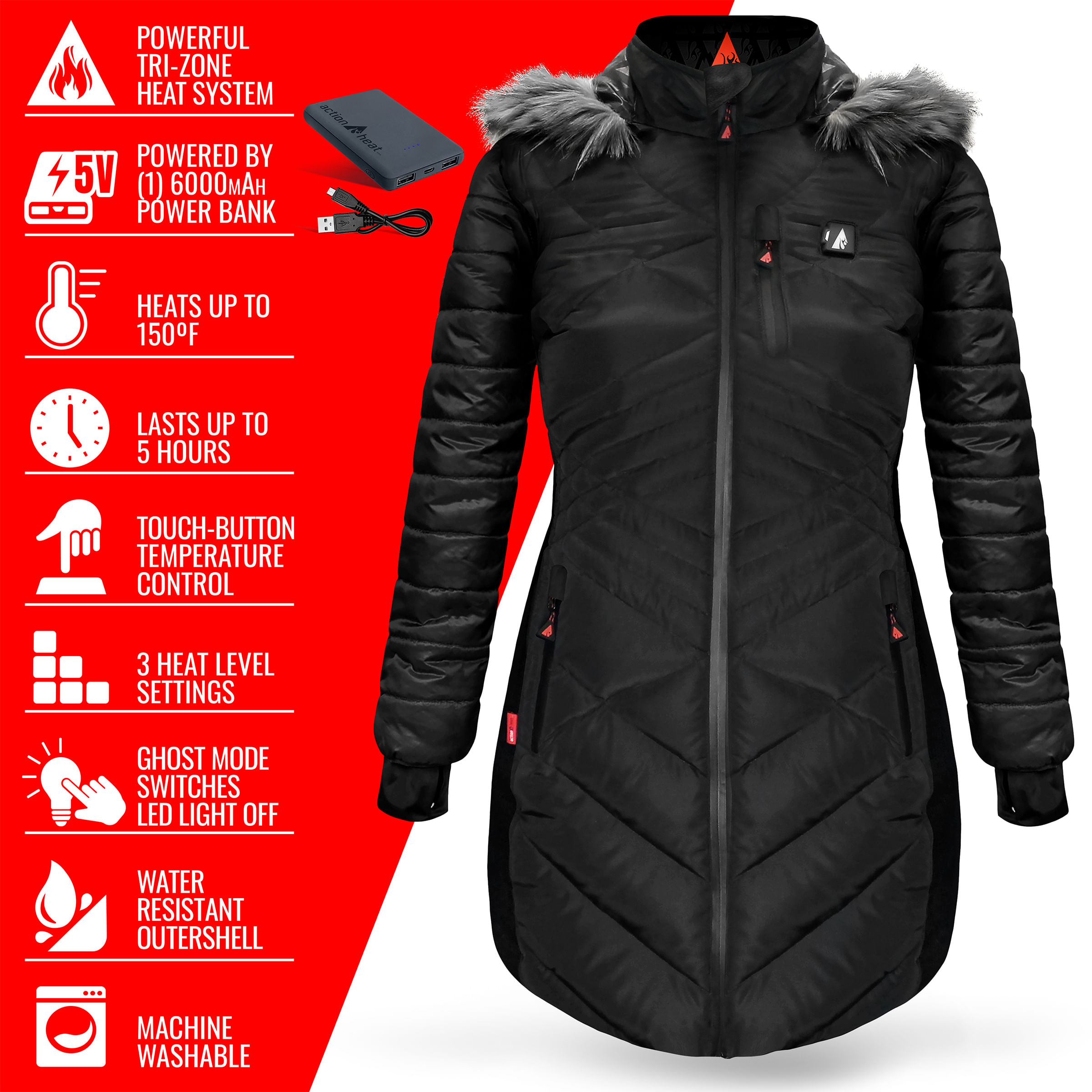 ActionHeat 5V Battery Heated Long Puffer Jacket with Fur Hood - Women's - Black XS