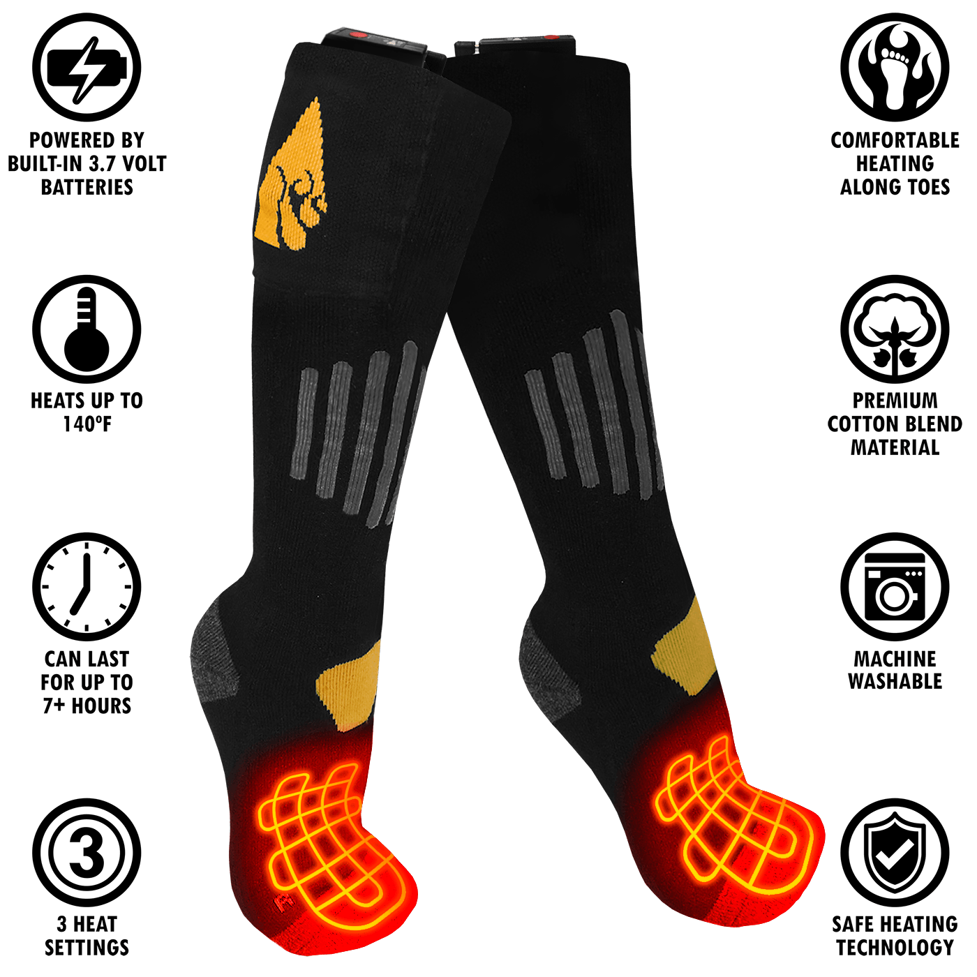 ActionHeat Cotton 3.7V Rechargeable Heated 1.0 Classic Socks - Black / Yellow L/XL
