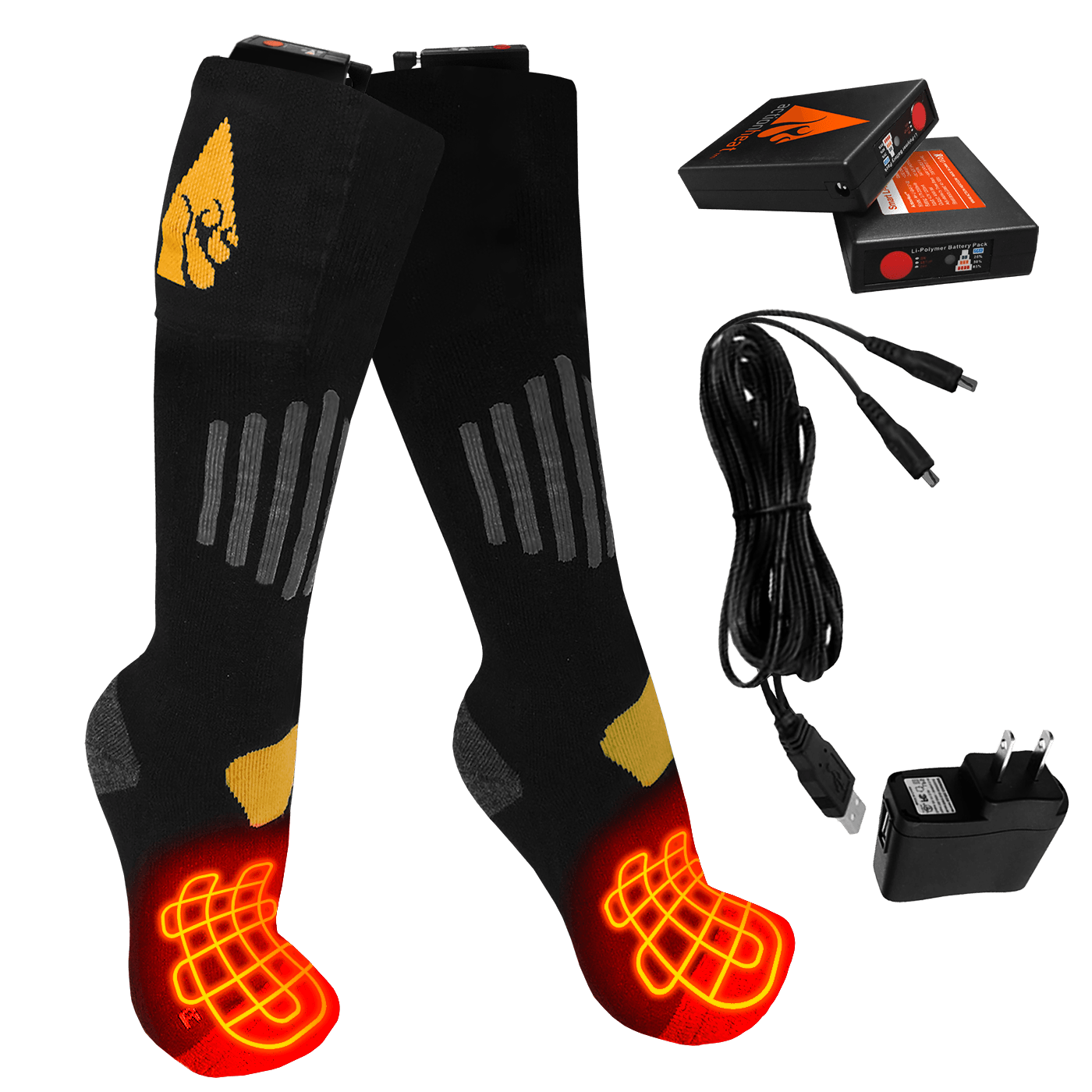 ActionHeat Cotton 3.7V Rechargeable Heated 1.0 Classic Socks - Black / Yellow L/XL