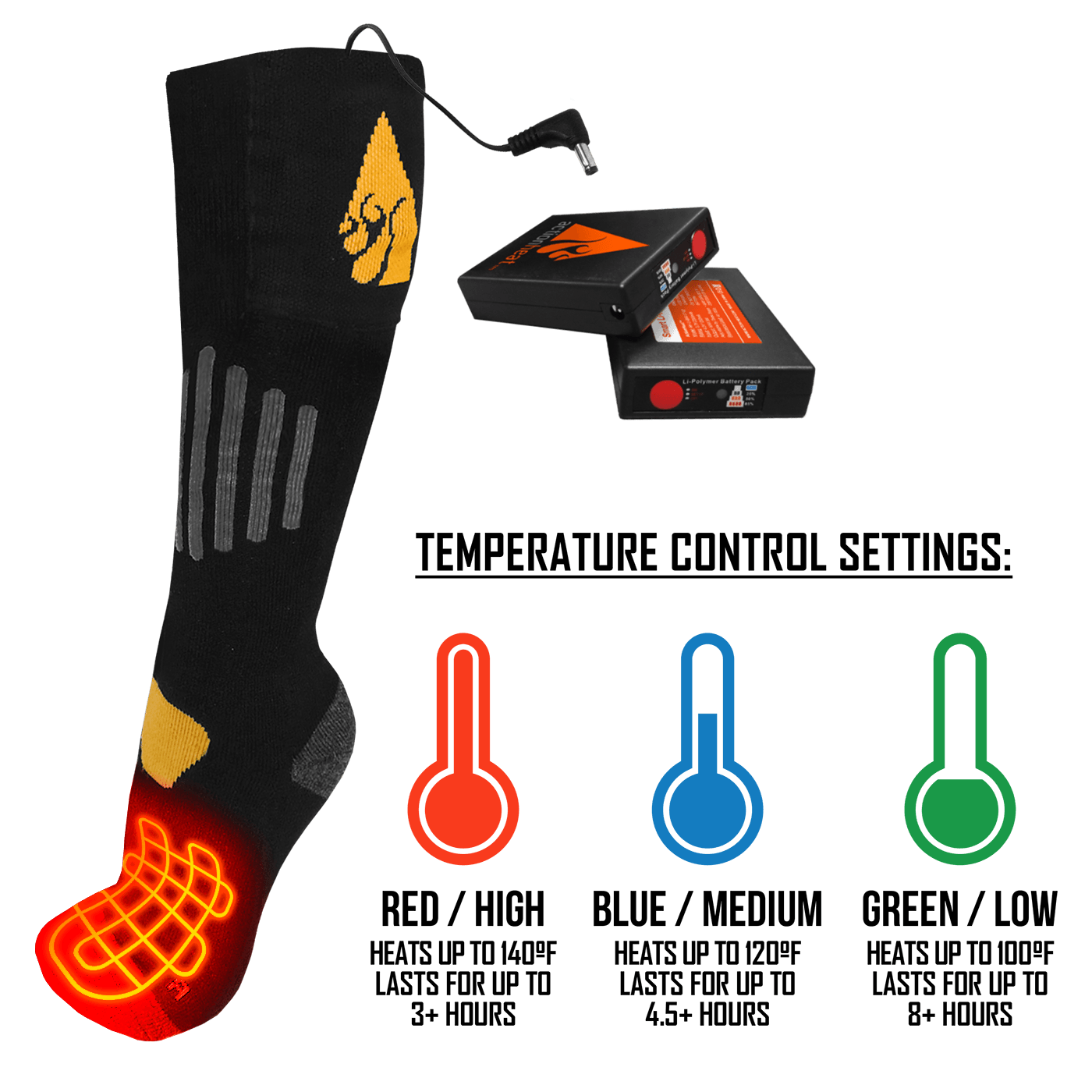 ActionHeat Cotton 3.7V Rechargeable Heated 1.0 Classic Socks - Black / Yellow L/XL
