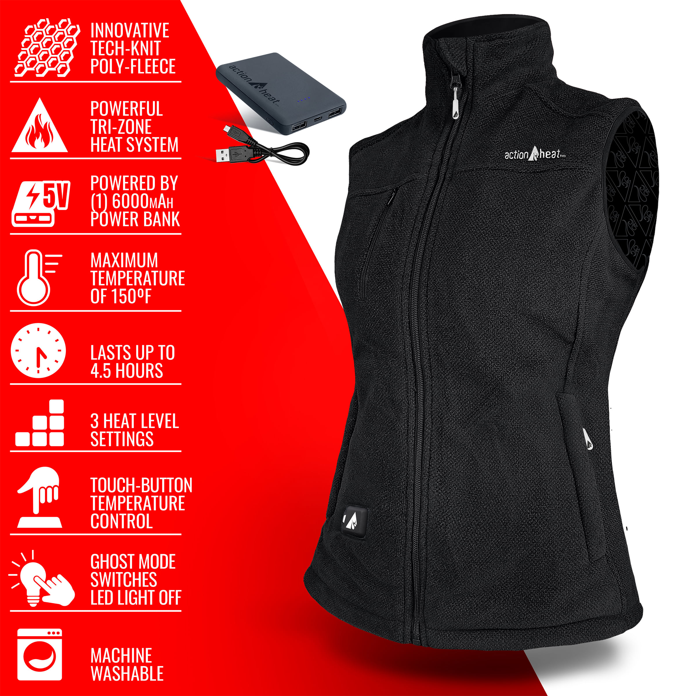 ActionHeat 5V Battery Heated Performance Fleece Vest - Women's - Black XS