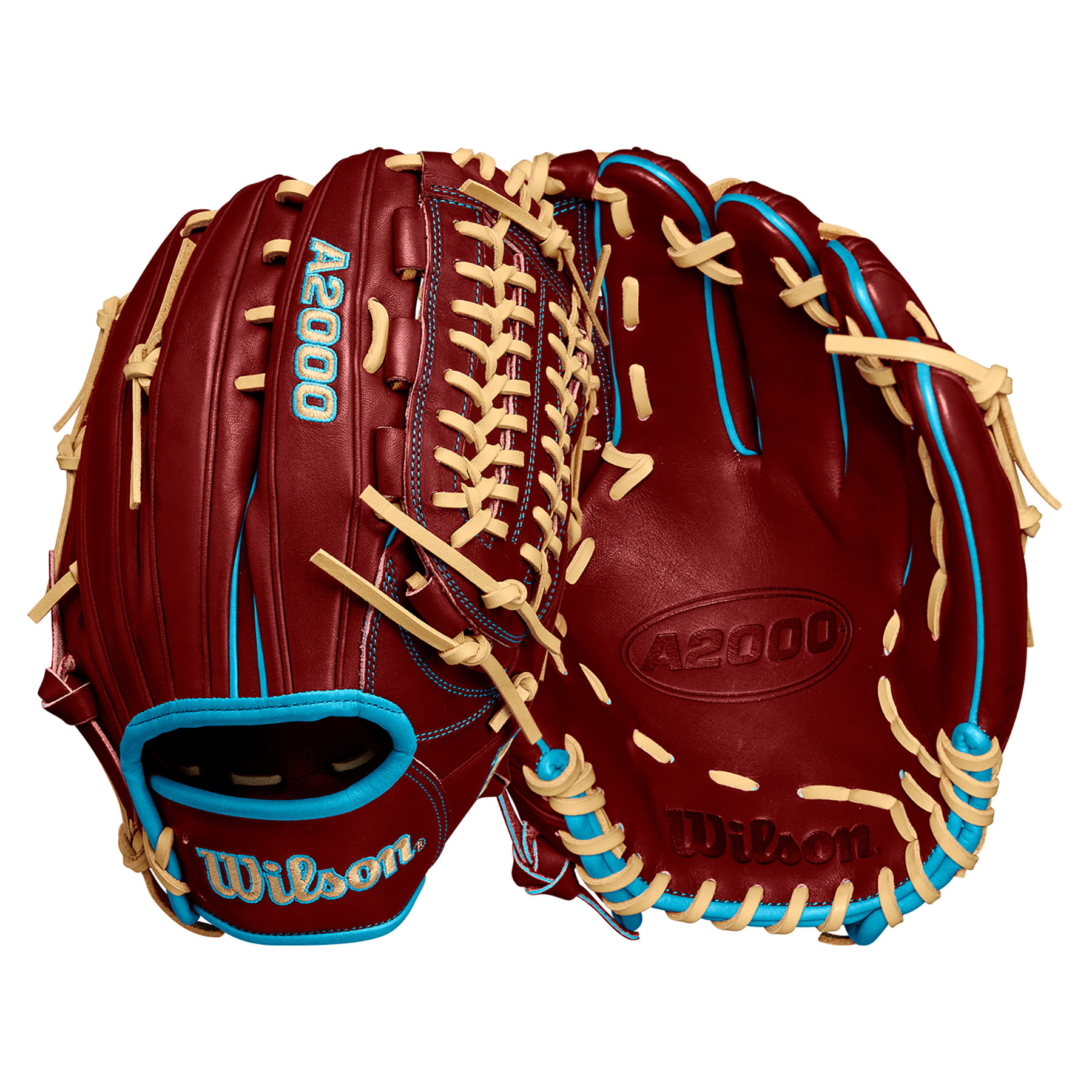Wilson-A2000-D33-11.75--Pitcher-s-Glove---2024-Brick-Red---Tropical-Blue---Blonde