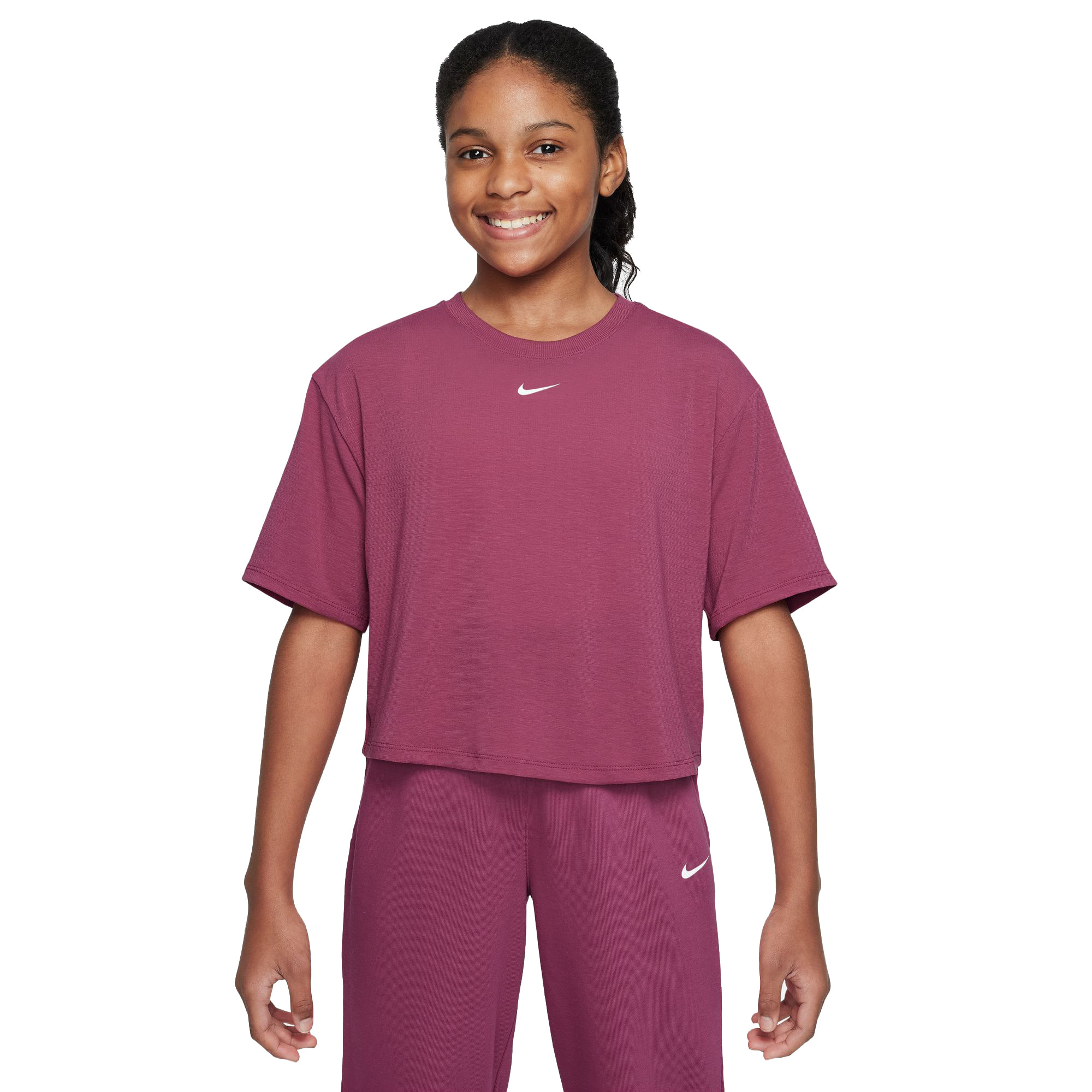 Nike-One-Relaxed-Dri-FIT-Short-Sleeve-Top---Kids--Sweet-Beet---White