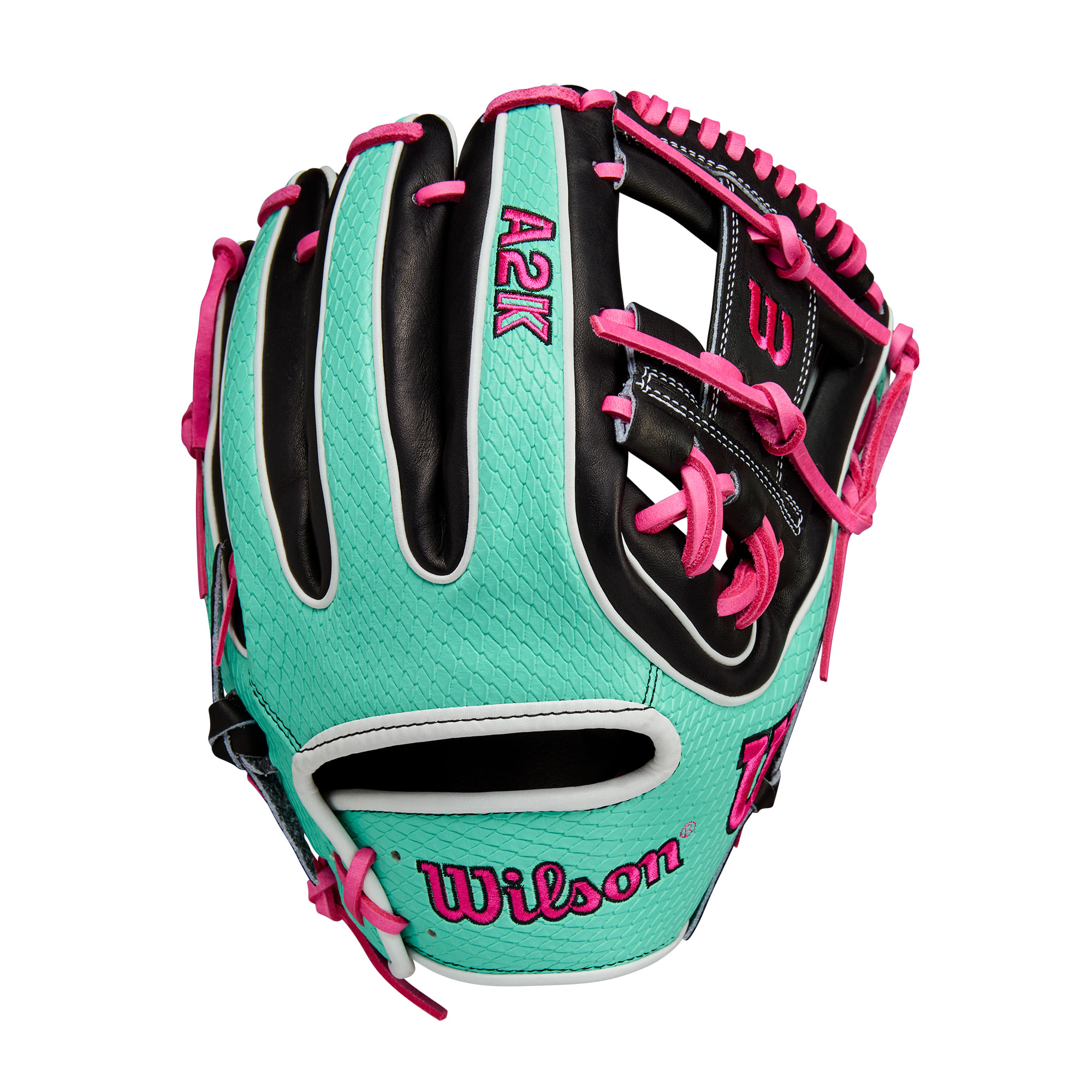 WILSON-GLOVE-A2K-SUMMER-2025-1720-Black---Seafoam-SuperSnakeSkin---Flamingo-Pink