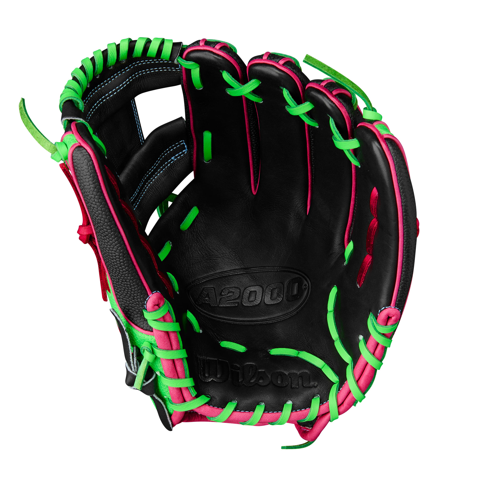 WILSON-GLOVE-A2000-SUMMER-2025-1786-Black---Neon-Green-SuperSkin---Black-SuperSkin---Flamingo-Pink