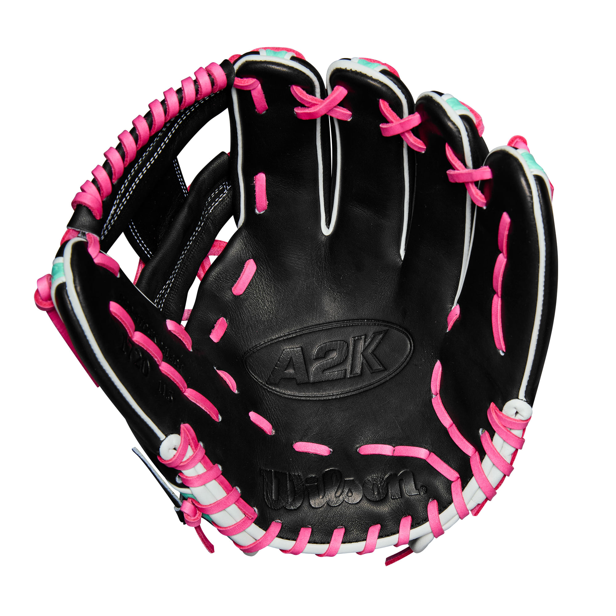WILSON-GLOVE-A2K-SUMMER-2025-1720-Black---Seafoam-SuperSnakeSkin---Flamingo-Pink
