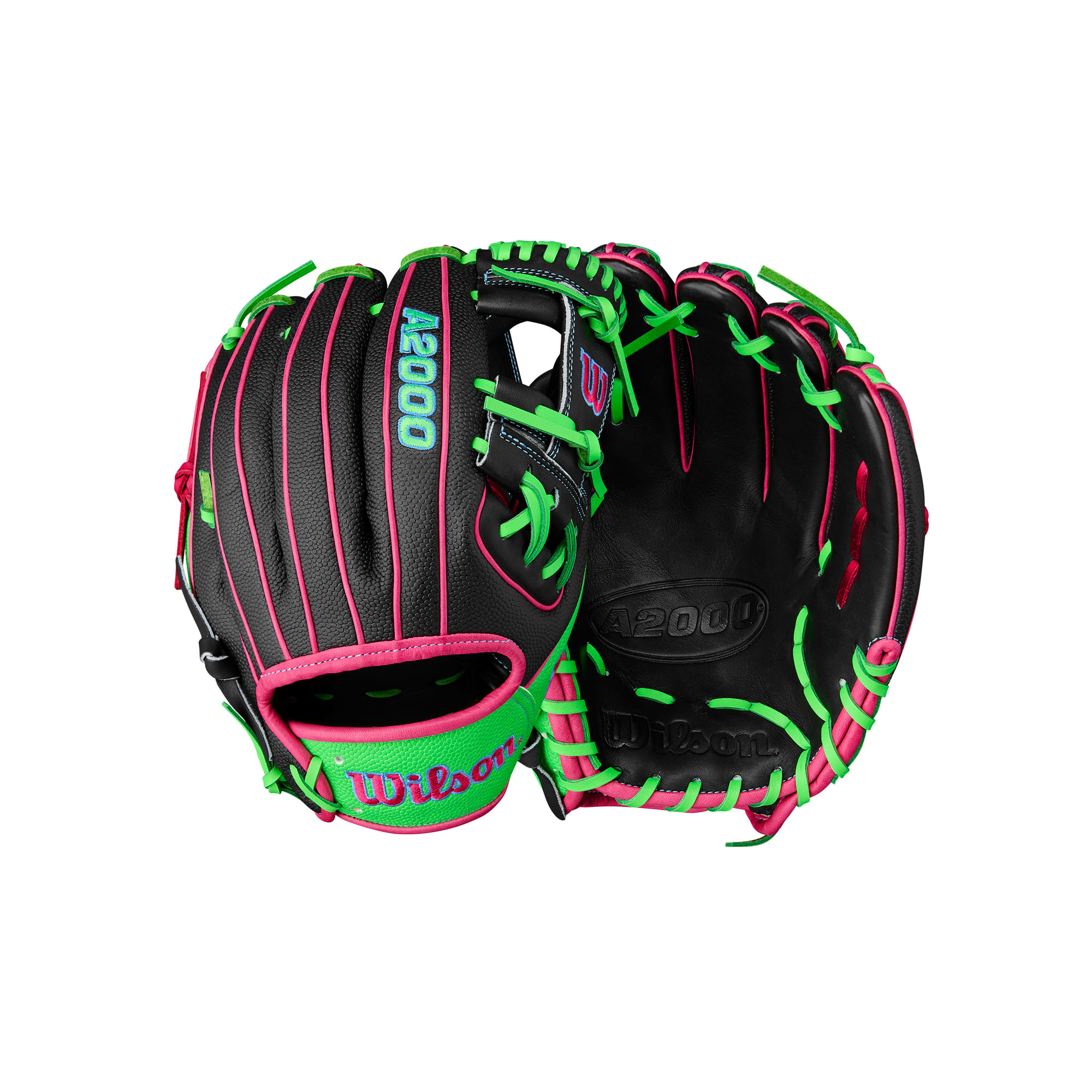 WILSON-GLOVE-A2000-SUMMER-2025-1786-Black---Neon-Green-SuperSkin---Black-SuperSkin---Flamingo-Pink
