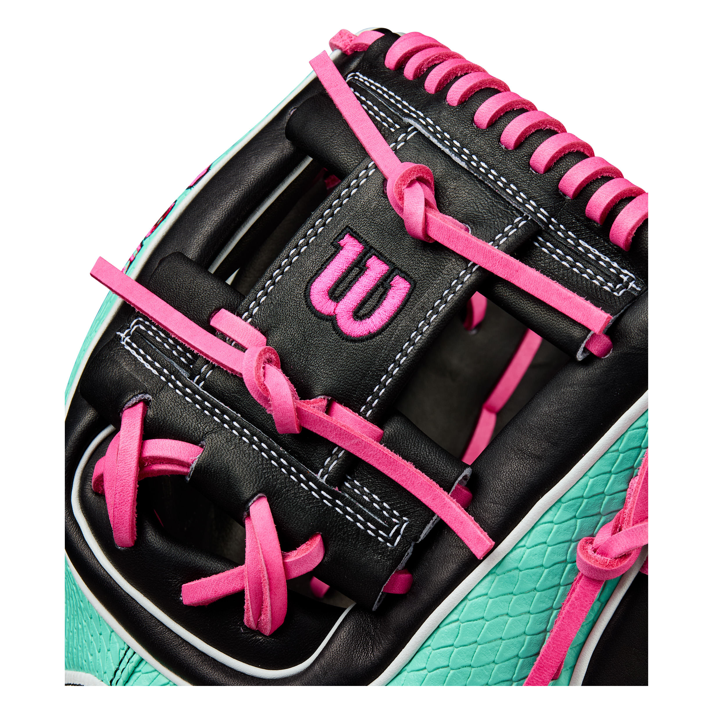WILSON-GLOVE-A2K-SUMMER-2025-1720-Black---Seafoam-SuperSnakeSkin---Flamingo-Pink