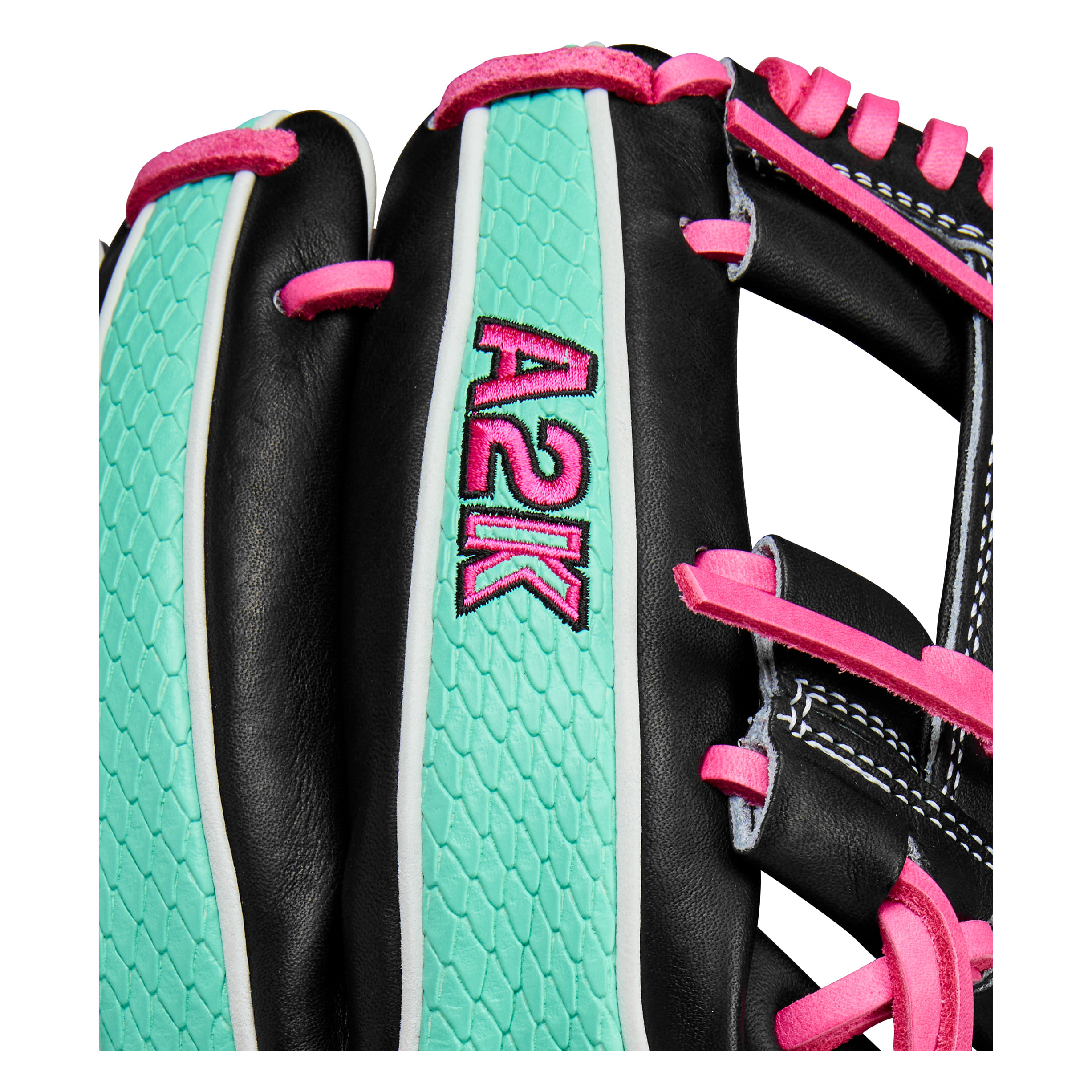 WILSON-GLOVE-A2K-SUMMER-2025-1720-Black---Seafoam-SuperSnakeSkin---Flamingo-Pink