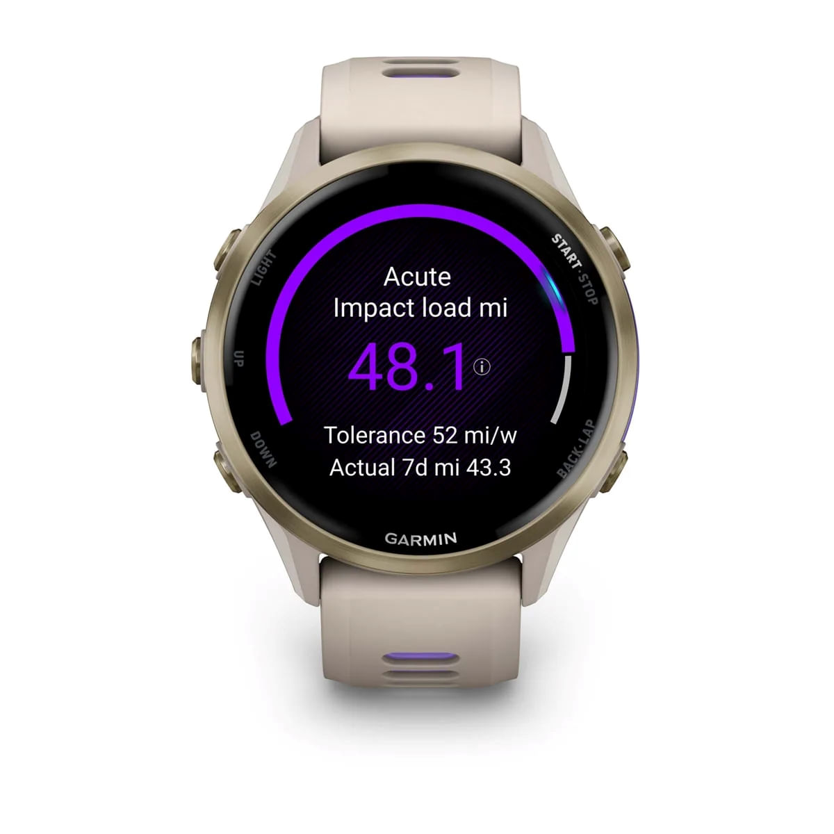 Garmin-Forerunner-970-Watch-Soft-Gold-Titanium-French-Gray-Case-French-Gray-Translucent-Indigo-Band