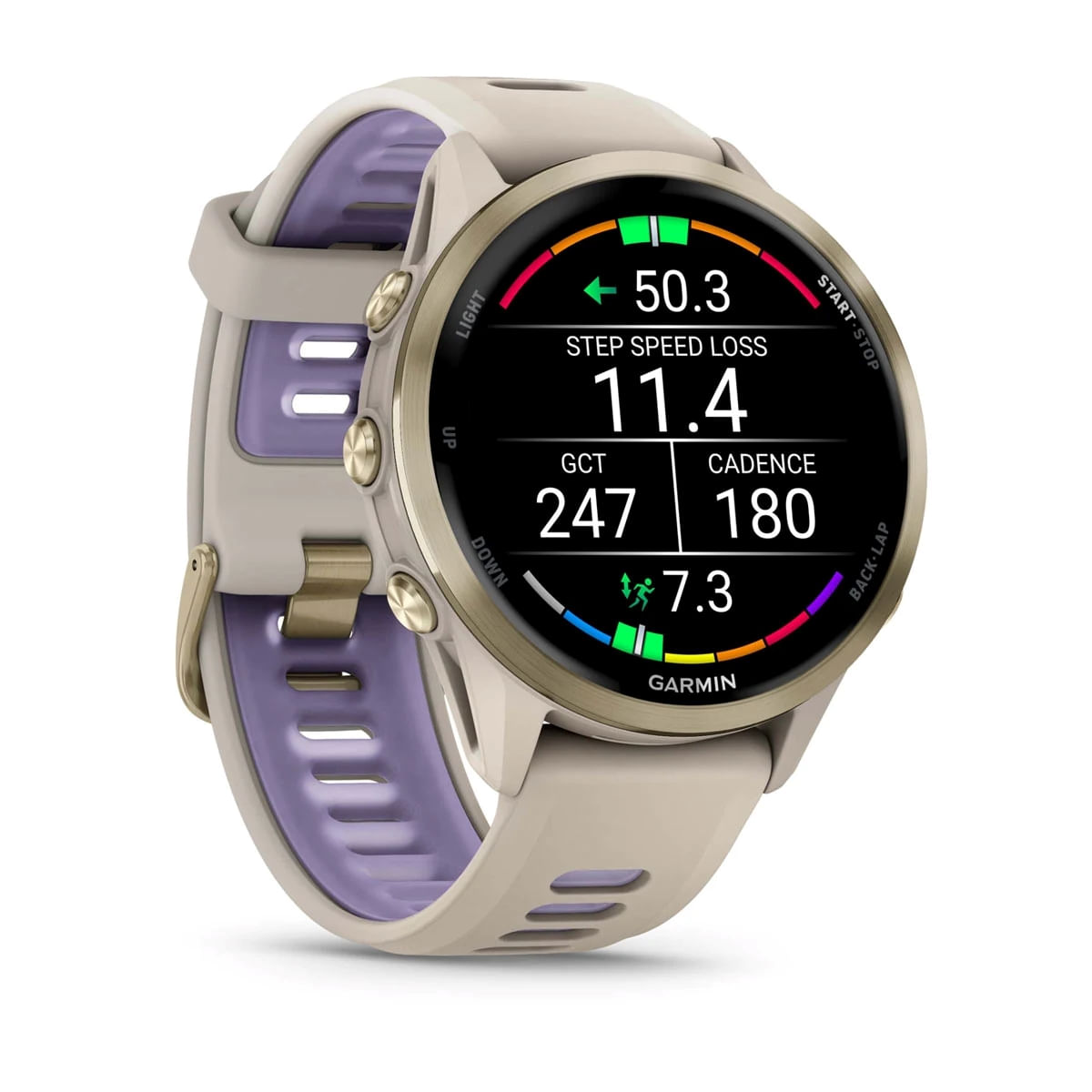 Garmin-Forerunner-970-Watch-Soft-Gold-Titanium-French-Gray-Case-French-Gray-Translucent-Indigo-Band