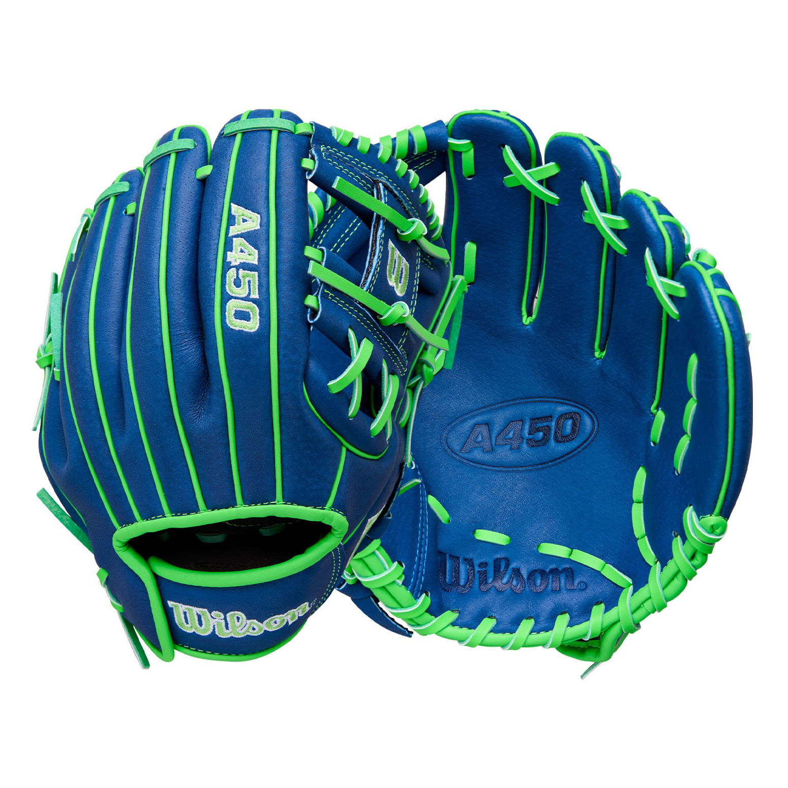 Wilson-A450-10.75--Infield-Baseball-Glove-Youth---2022-Royal-Blue---Neon-Green---White