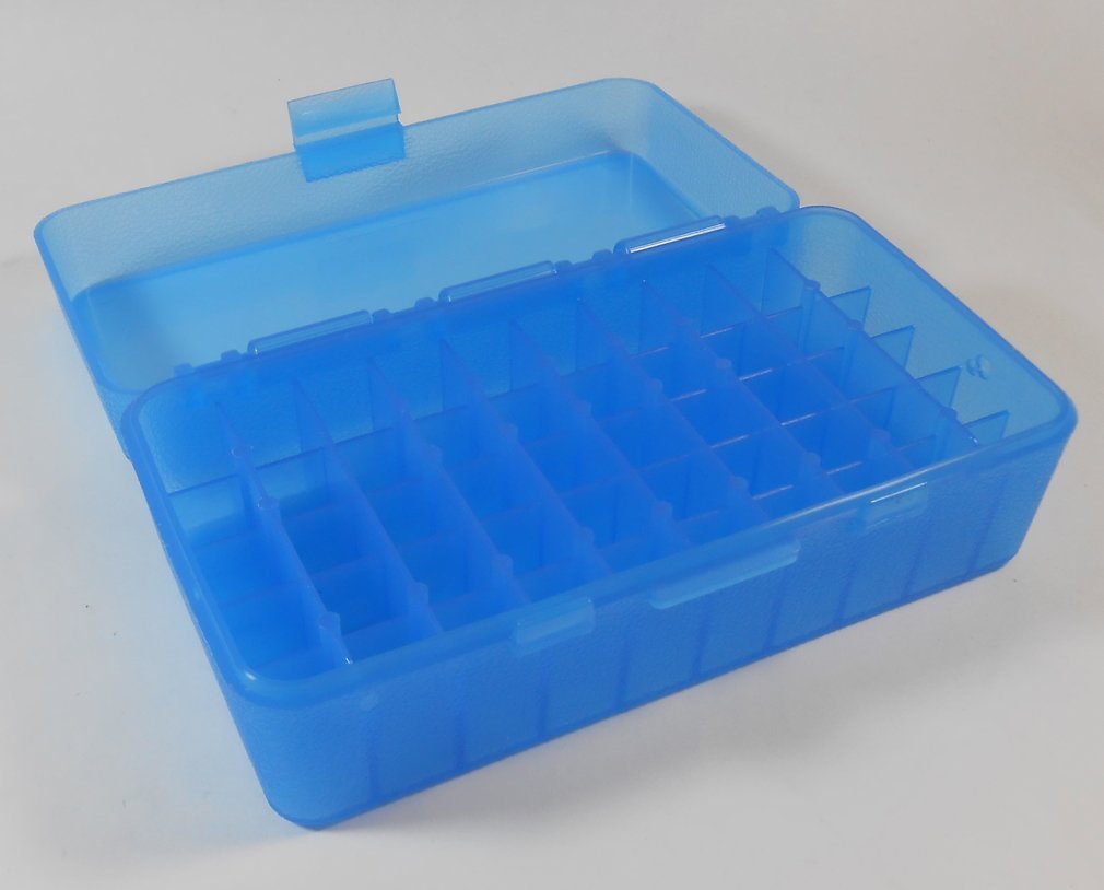 MTM-50-Round-Handgun-Ammo-Box-.45-9mm-Caliber-41-44-45-LC-CLEAR-BLUE