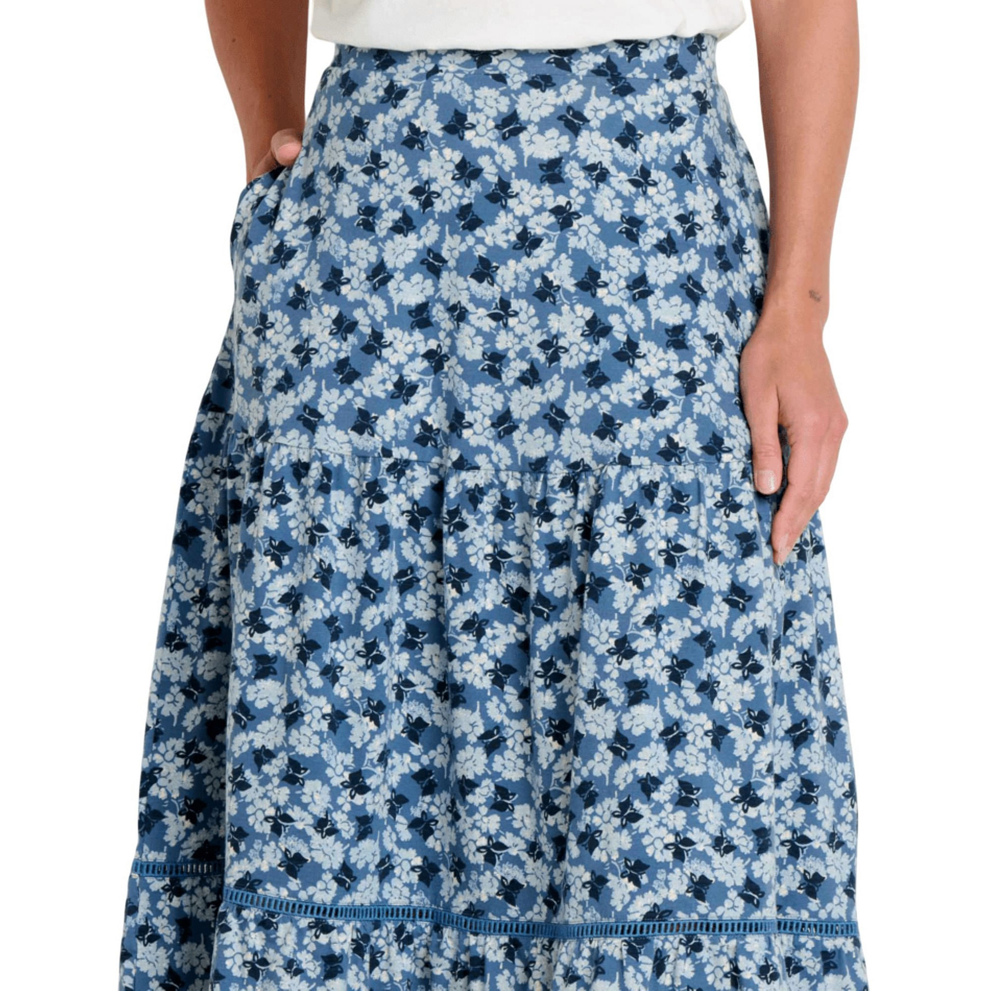 Toad & Co. Marigold Tiered Midi Skirt - Women's - Pacific Blue Print XS
