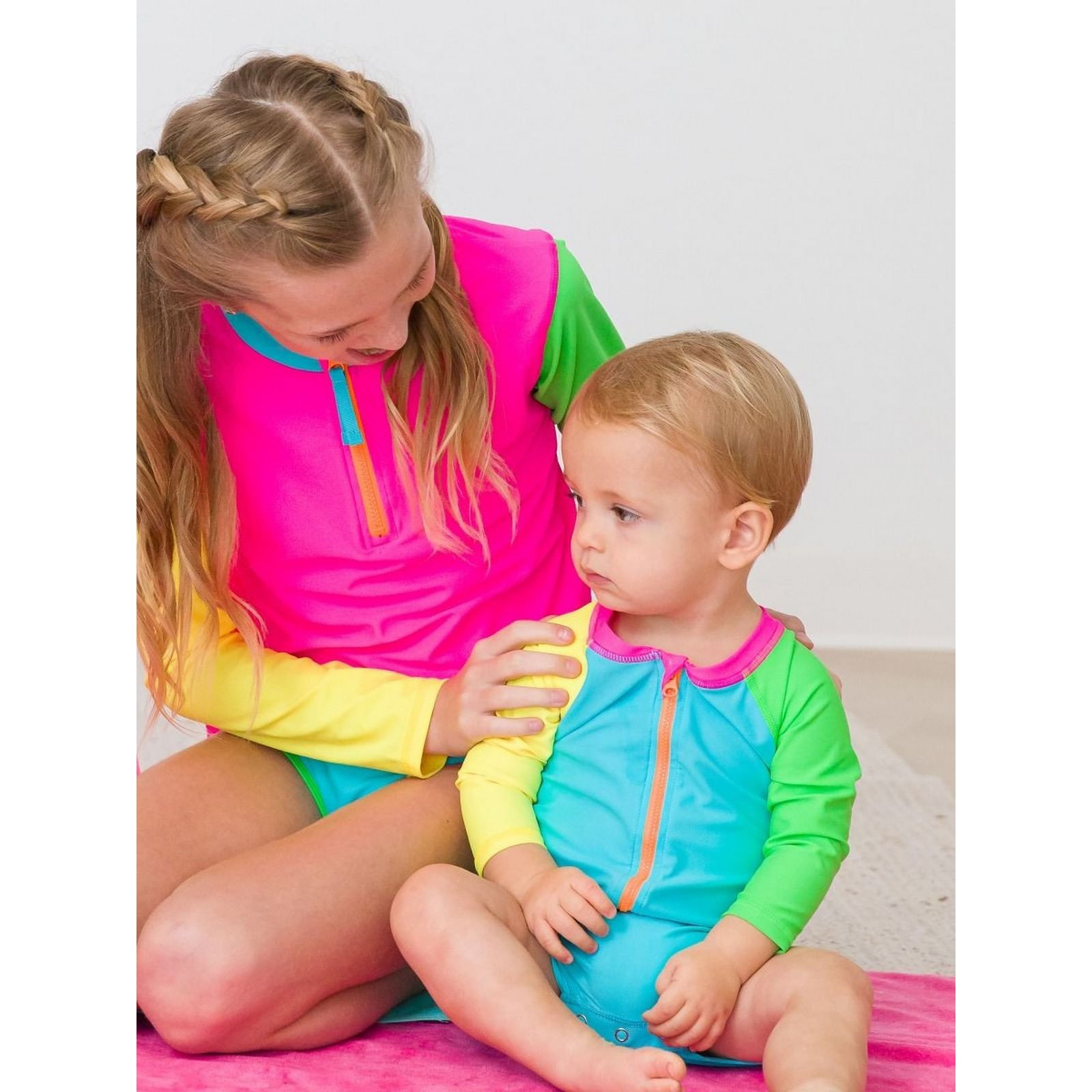 RuffleButts---RuggedButts-One-Piece-Rash-Guard-Long-Sleeve-Boardshort---Boys--Neon-Color-Block