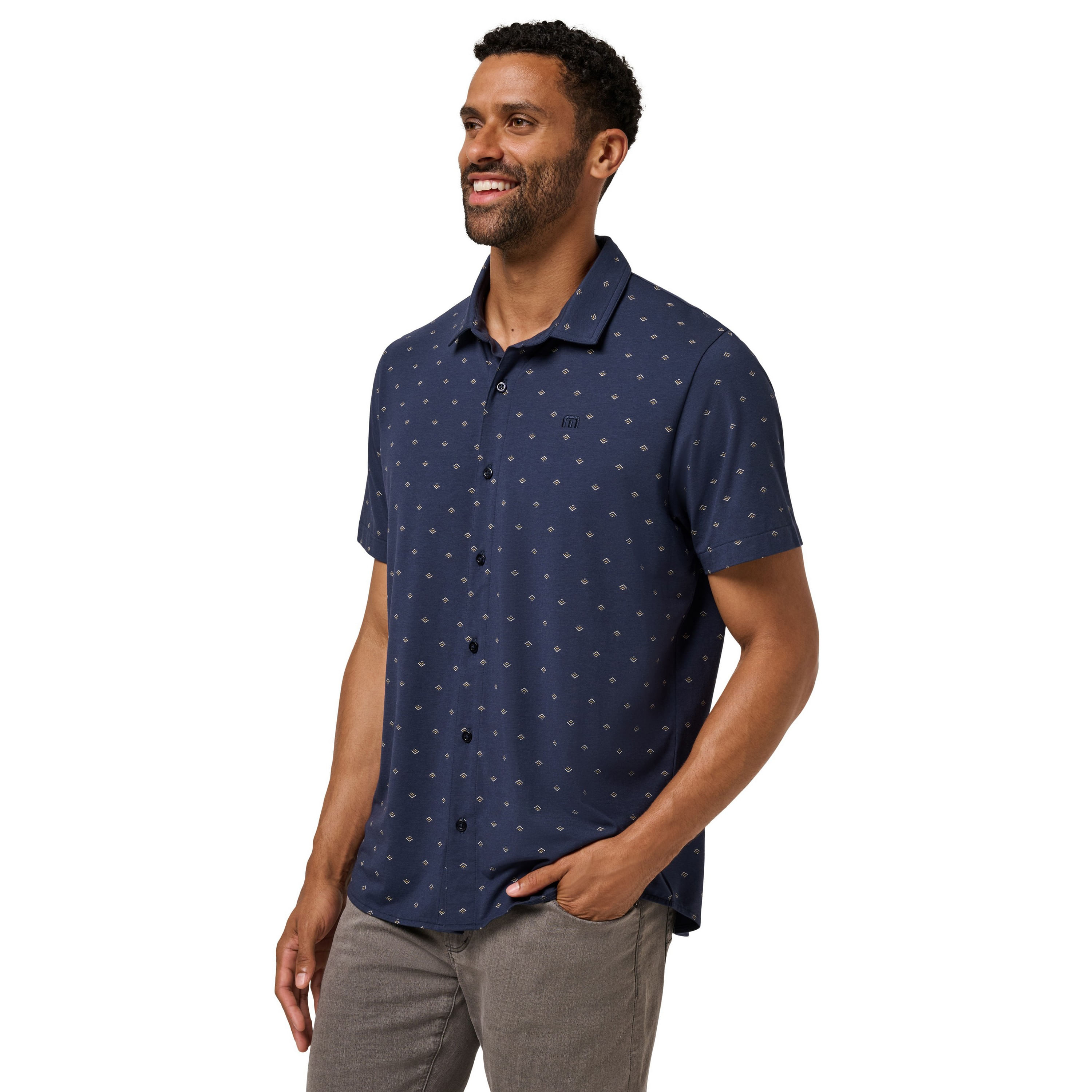 TravisMathew Comfortknit Geo Short Sleeve Button Up Shirt - Men's - Total Eclipse XXL