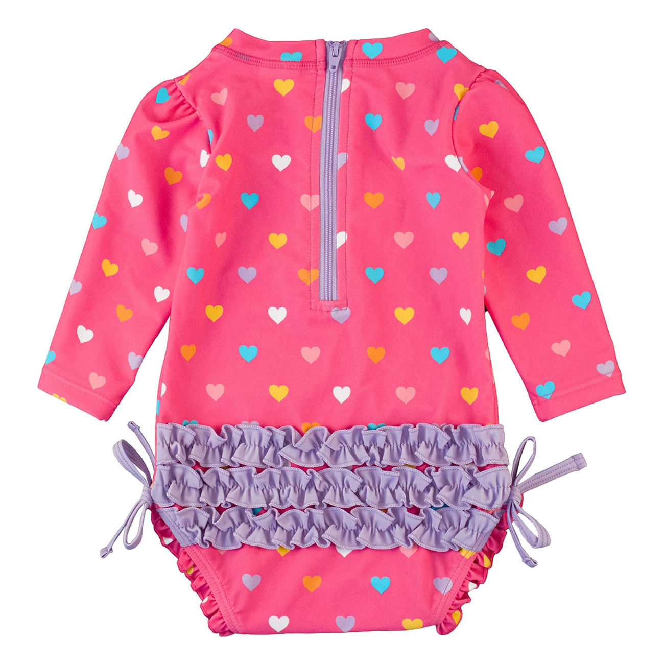 RuffleButts---RuggedButts-One-Piece-Rash-Guard-Long-Sleeve-Swimsuit---Girls--Neon-Pink-Colorful-Hearts