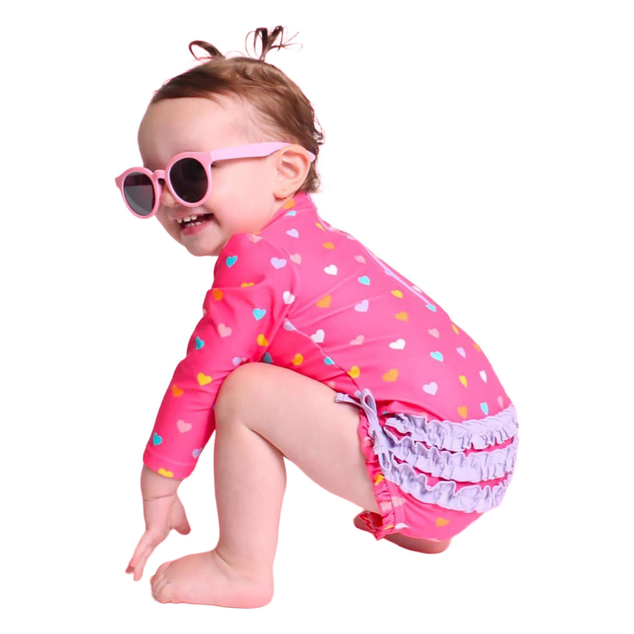 RuffleButts---RuggedButts-One-Piece-Rash-Guard-Long-Sleeve-Swimsuit---Girls--Neon-Pink-Colorful-Hearts