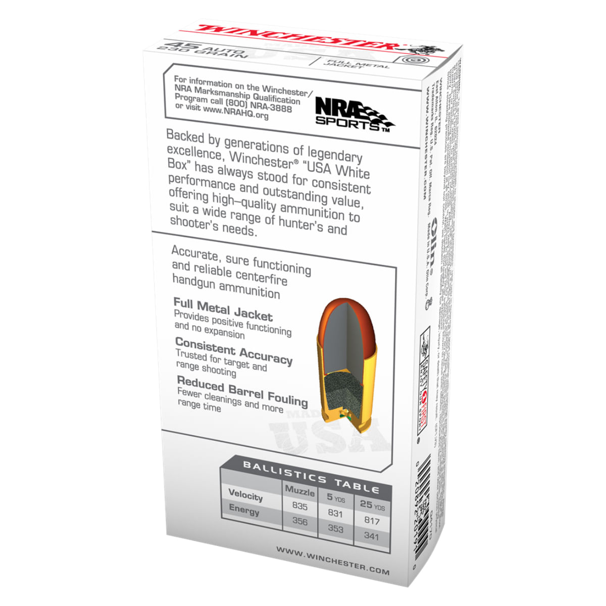 Winchester Ammo USA White Box 45 Automatic 230 Grain FMJ Ammunition 50 Rounds - 45 ACP