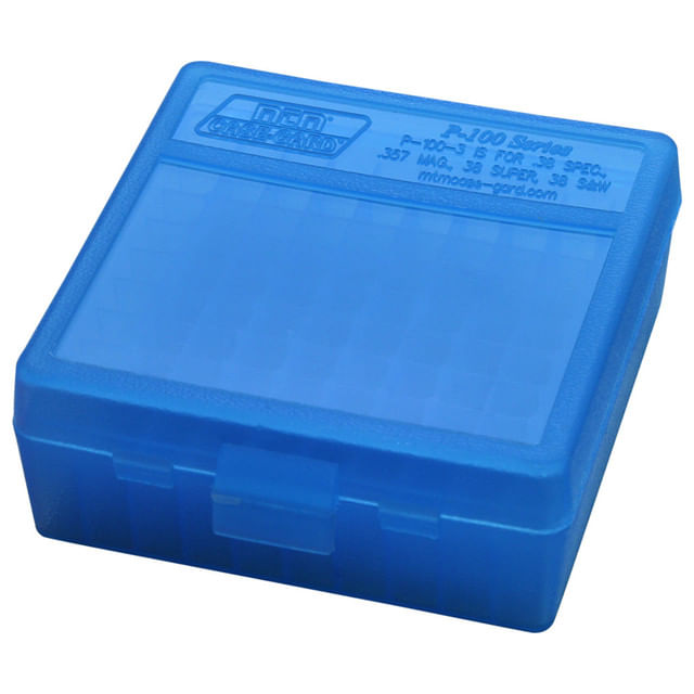 MTM Case-Gard Flip Top 38 Special / 357 Magnum Pistol Ammo Box 100 Rounds - CLEAR BLUE 38 / 357 Cal