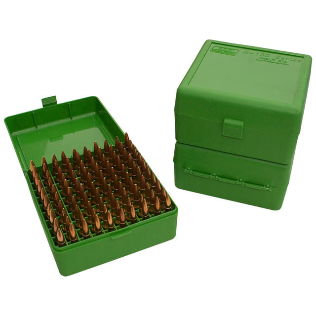 MTM Case-Gard Flip Top 22-250 Remington / 243 Winchester / 308 Winchester / 220 Swift Rifle Ammo Box 100 Rounds - GREEN 22-250 / 243 Win / 308 Win / 220 Swift