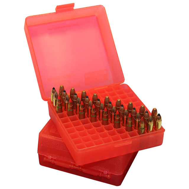 MTM Case-Gard Flip Top 22 Magnum / 17 HMR Pistol Ammo Box 100 Rounds - CLEAR RED 22 Magnum / 17 HMR