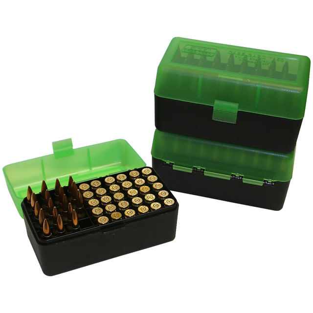 MTM Case-Gard Flip Top 22-250 Remington, 243 Winchester, 308 Winchester, 220 Swift Rifle Ammo Box 50 Rounds - Clear, Green, Sky Blue 22-250, 243 Win, 308 Win, 220 Swift – image 3 of 3