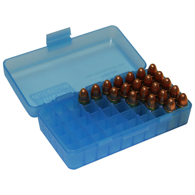 MTM Case-Gard Flip Top 9mm Luger / 380 ACP Pistol Ammo Box 50 Rounds - CLEAR BLUE 9 mm / 380 Cal
