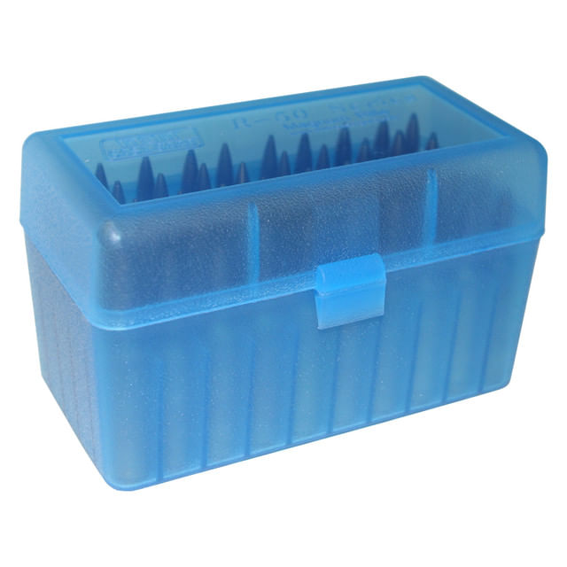 MTM Case-Gard Flip Top 300 Winchester / 300 Remington Ultra Magnum / 257 Weatherby Magnum Rifle Ammo Box 50 Rounds - CLEAR BLUE 300 Win / 300 RUM / 257 WBY MAG